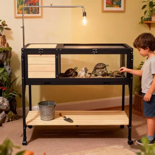 Tortoise Habitat Turtle Enclosure Wooden Tortoise House Indoor & Outdoor Tortoise Enclosure with Light Stand Leakproof Tray Stand Legs for Gecko, Lizard, Snake (Yellow Black) - color: yellow black