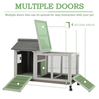 Gowoodhut 38.19"L Rabbit Hutch Indoor and Outdoor with 4 Wheels,Wooden Rabbit Cage with Pull Out Leak-Proof Tray for 1-2 Rabbits,Bunny Hutch with Asphalt Roof Suitable for Garden,Park,Living Room,Grey - size: PET30