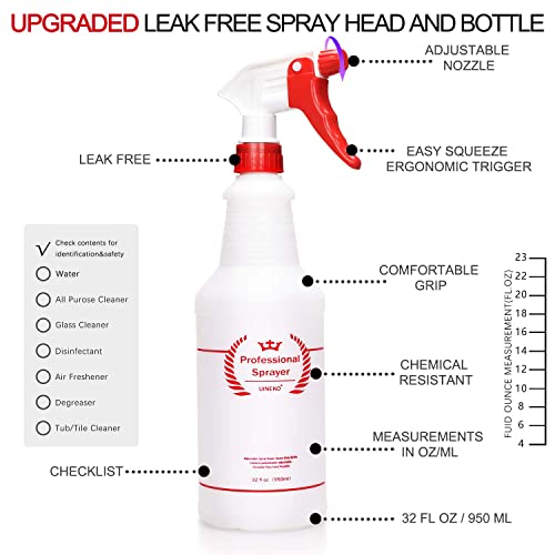 Uineko Plastic Spray Bottle (4 Pack, 32 Oz, All-Purpose) Heavy Duty Spraying Bottles Leak Proof Mist Empty Water Bottle for Cleaning Solution Planting Pet with Adjustable Nozzle and Measurements - size: 32 Oz, 4 Pack