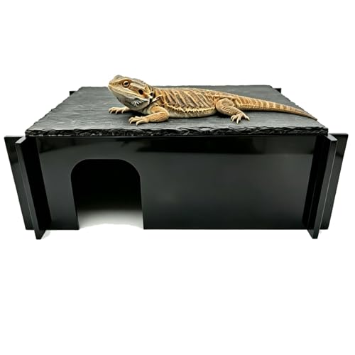 Reptile Basking Platform Hideout, Acrylic Snake Hide Cave with Natural Slate Rock, Terrarium Decor for Bearded Dragon Tank Accessories, Ball Python, Leopard Gecko, Tortoise & Chameleon (Large Black) - color: Large Black