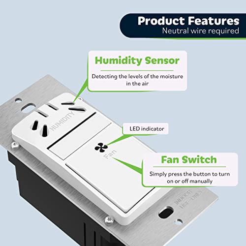 TOPGREENER Humidity Sensor and Fan Control Switch, Ventilation Fan Humidity Sensor Switch, Fan Switch, Neutral Wire Required, TDHS5-WWP, White (Wall Plate Included)