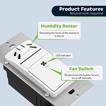 TOPGREENER Humidity Sensor and Fan Control Switch, Ventilation Fan Humidity Sensor Switch, Fan Switch, Neutral Wire Required, TDHS5-WWP, White (Wall Plate Included)