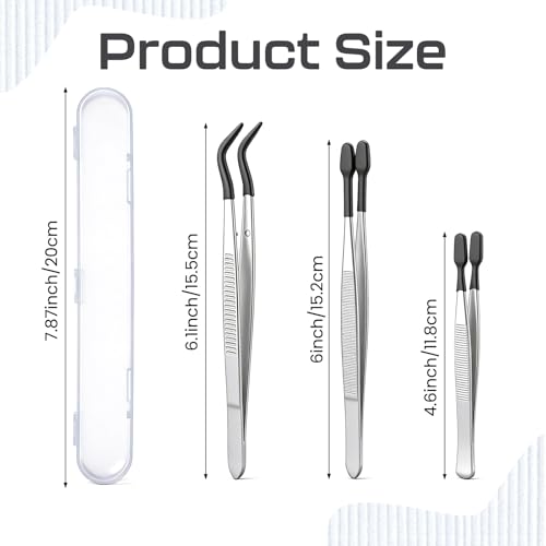 Trinkrittey 3 Pcs Tweezers with Rubber Tips Silicone Bent Flat Tip Tweezers Precision Sticker Craft Tweezer for Stamps Sticker Crafts Jewelry Beads (Black)