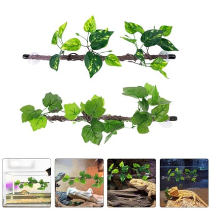 CALLARON Artificial Reptile Vines Flexible Plastic Jungle Climbing Branches 2pcs with Suction Cups Decorative Green Plants for Lizards and Snakes for Terrarium and Reptile Tank