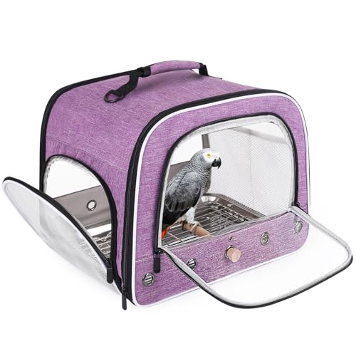 halinfer Bird Travel Carrier Cage for Large Size Parrot, Portable Bag with Metal Tray and Grid to Carry and Transport Medium and Large Birds Like African Grey, Long Tail Cockatiel and Parrot - color: Purple