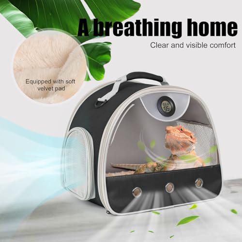 Bearded Dragon Travel Backpack Carrier with Reptile Thermometer and Humidity Gauge Lizard Travel Cage Space Capsule Clear Bubble Window Astronaut Reptile Bag for Ball Python (Black, Carrier) - color: Black, size: 12.0"L x 7.0"W x 12.0"H