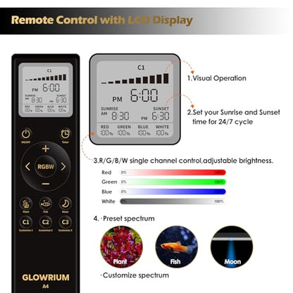 GLOWRIUM LED Aquarium Light with Remote, Full Spectrum Fish Tank Light with Auto Timer, IP67 Waterproof Freshwater Planted Tank Light, Dimmable RGB+W+Moon LEDs with High Performance (12-17inch) - size: 12-17inch