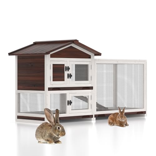 Rabbit Hutch Indoor Bunny Cage Outdoor Bunny House Wooden 60" Large Guinea Pig Cages with 3 Pull Out Trays & 4 Access Doors
