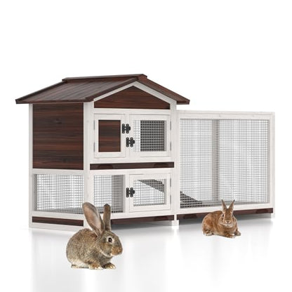 Rabbit Hutch Indoor Bunny Cage Outdoor Bunny House Wooden 60" Large Guinea Pig Cages with 3 Pull Out Trays & 4 Access Doors