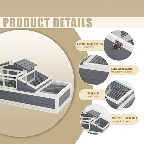3-Room Tortoise Habitat with Balcony and 2 Stories - Large Wooden Reptile Enclosure for Turtles, Openable Roof, Ladder, Turf Mat, and Removable Tray, Grey and White