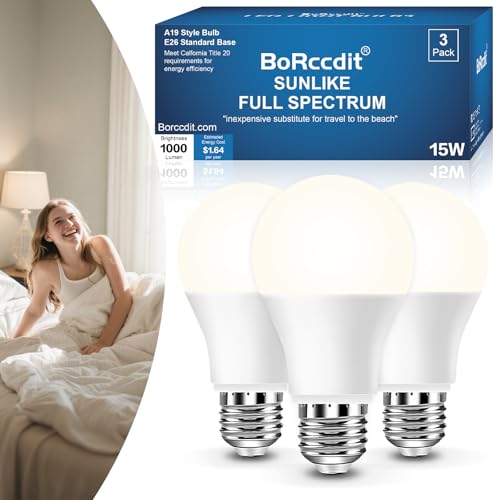 BoRccidt SunLike Full Spectrum Light Bulb LED 15W=100W, 5000K Daylight Flicker-Free & UV-Free, 90+CRI & 30000H Lifespan, 3-Pack A19 E26/E27 Natural Sunlight Light Bulbs for Humans, Home, Office, Plant - color: 5000k Daylight, size: 3 Packs