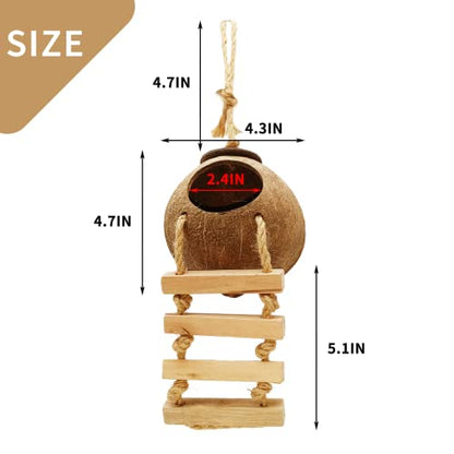 Tfwadmx 4 Pcs Coconut Hide with Ladder, Natural Coconut Fiber Hanging Birdhouse Cage, Coconut Bird Shell Breeding Nest for Parrot Parakeet Lovebird Finch Canary