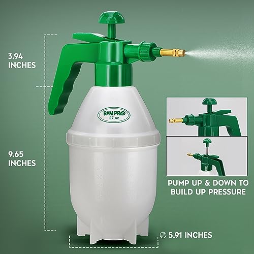 Garden Pump Sprayer, Handheld Bottle Mist Water Sprayer, Hand Pressure Home Cleaning Plant Lawn Sprayer w/ Safety Valve & Adjustable Bronze Nozzle, 1 Liter/1 QT/.26 Gallon/34 Ounces/1000 ml –By Rampro - size: 27oz