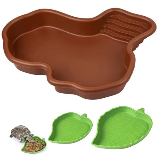 3PCS Tortoise Dish with Ramp Leaf - Tortoise Food & Water Bowls - Reptile Habitat Accessories for Horned Frogs & Lizards - Fit for Bath
