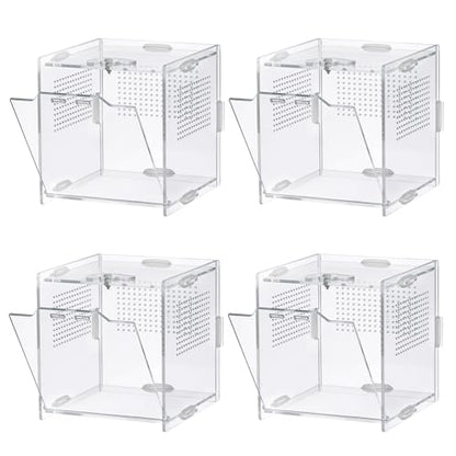 VERTUPET 4 Pack Jumping Spider Enclosure, 4''x4''x4'' Acrylic Arboreal Reptile Tank, 0.03” Ventilation Hole Habitat Transparent Enclosure Breeding Box with Locking Latch for Frog, Crickets, Snails