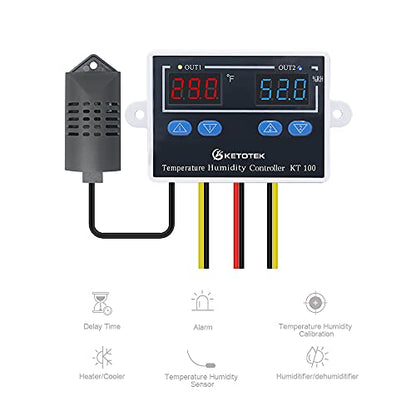 KETOTEK Temperature Humidity Controller Digital Thermostat Module 120V, Heating Cooling Humidification and dehumidification Control 110V 10A, Fahrenheit Display