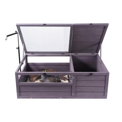 Happybuy Tortoise Habitat, Wooden Tortoise House Indoor & Outdoor, Tortoise Enclosure with Adjustable Lamp Holder, 2-Room Reptile Enclosure Small Animal Cage for Gecko, Lizard, Snake 38x24x13 inch