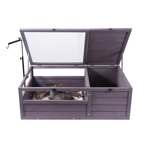 Happybuy Tortoise Habitat, Wooden Tortoise House Indoor & Outdoor, Tortoise Enclosure with Adjustable Lamp Holder, 2-Room Reptile Enclosure Small Animal Cage for Gecko, Lizard, Snake 38x24x13 inch