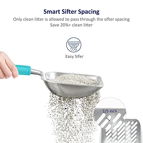 WePet Cat Litter Scoop, Aluminum Alloy Sifter, Kitty Metal Scooper, Deep Shovel with Diagonal Sifting Hole, Long Handle, Kitten Poop Lifter for Litter Box, Medium Size, Turkish Blue Handle - color: #02 Turkish Blue, size: Medium