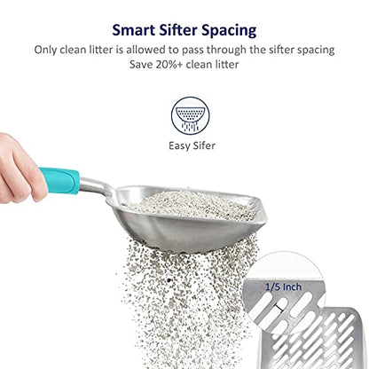 WePet Cat Litter Scoop, Aluminum Alloy Sifter, Kitty Metal Scooper, Deep Shovel with Diagonal Sifting Hole, Long Handle, Kitten Poop Lifter for Litter Box, Medium Size, Turkish Blue Handle - color: #02 Turkish Blue, size: Medium