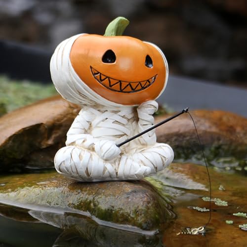 Fishing Pumpkin Head Mummy Statue Funny Halloween Decorations, 3.15 Inch Cute Sitting Figurine Shelf Sitter Resin Sculpture for Outdoor Garden Yard Lawn Pond Waterfalls Pool Ornaments - color: Mummy