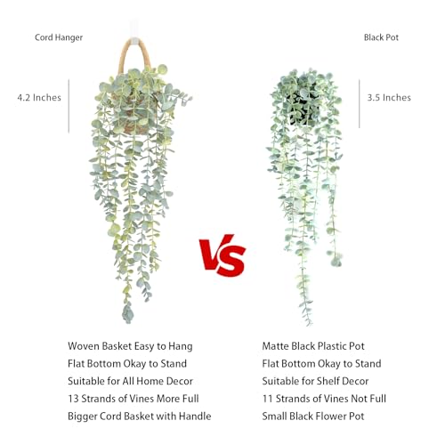 Fake Hanging Plant Decor Indoor, Eucalyptus Artificial Faux Plants in Wall Woven Planters, Jute Hanger with Black Pot Soft Green 1PCS 23Inch Long - size: Jute Hanger-1PCS