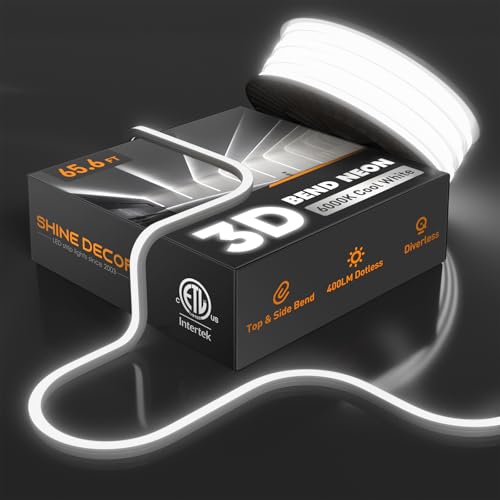 Shine Decor 3D LED Neon Rope Lights AC 120V, Top & Side Bend 400LM Dotless, Driverless IP65 Waterproof Cold-Resistant ETL Silicone Strip for Home Commercial 10x10mm, 6000K Cool White, 65.6ft - color: 6000K Cool White, size: 65.6 ft