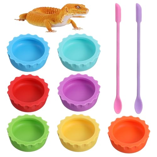 9 Pack Crested Gecko Food Dish & Spoons, Silicone Gecko Feeding Cups Reusable Small Reptile Food and Water Bowl Gecko Tank Accessories for Hermit Crabtortoise Tarantula Lizard, 7 Colors