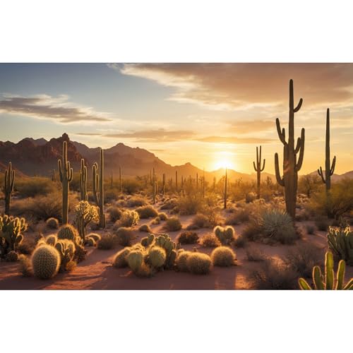 Sunset Desert Reptile Habitat Background Silhouette of Saguaro Cactus Arid Mountain Range Terrarium Background Cacti Sand with Dunes Aquarium Background Desert Mountain Fish Tank Background 36x20in - color: Cactus Orange, size: 36(W)x20(H)in