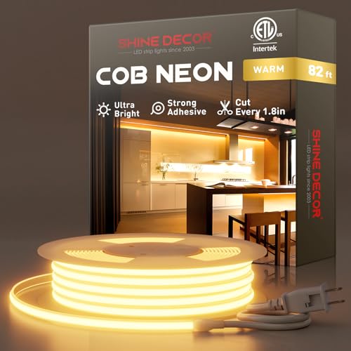 Shine Decor COB LED Rope Light AC 120V, 800lm Ultra Bright, IP65 Waterproof Cold-Resistant ETL Neon Strip, No Driver Tape Lighting for Home Commercial 10x4.5mm, 2800K Warm White, 82ft - color: 2800K Warm White, size: 82 ft