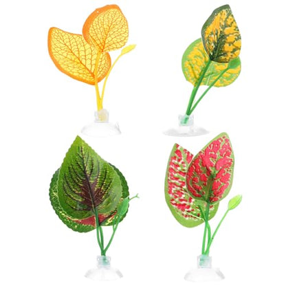 Hemoton 4pcs Artificial Reptile Terrarium Plants Leaves Decorations with Suction Cups, Vivid Landscaping Leaves for Turtle Lizard Chameleon Snake Habitat, Pet Box Ornament