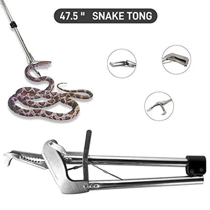 Snake Hooks Heavy Duty Snake Tongs Reptile Grabber Stainless Steel Catcher Wide Jaw with Auto Lock Blunt Teeth Collapsible Design