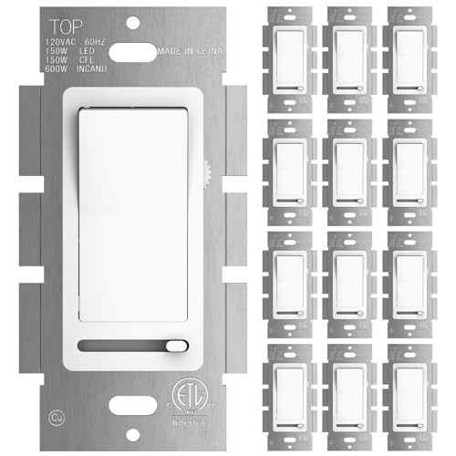 Amico 12 Pack Slide Dimmer Switch, Single-Pole or 3-Way, for Dimmable LED Lights (150W), CFL, Incandescent & Halogen Bulbs (600W), No Wall Plate Included, ETL Listed, White - size: 12 Pack