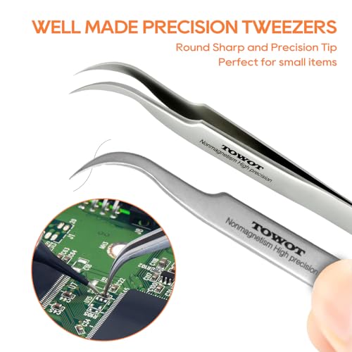 TOWOT Precision Tweezers, 5 PCS Stainless Steel, Non-Magnetic, Heat Resistant, Curved, Jewelry, Electronics, Craft, Soldering, Experimental Work - size: 140mm,135mm,120mm,110mm,116mm