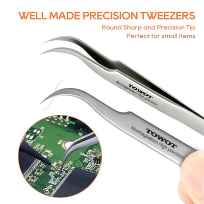 Precision Tweezers, Stainless Steel Pointed Ultrafine Tweezers for Craft, Electronics, Soldering, Experimental Work, Jewelry-Making, Non-Magnetic Industrial Tweezers, by TOWOT - size: 110mm