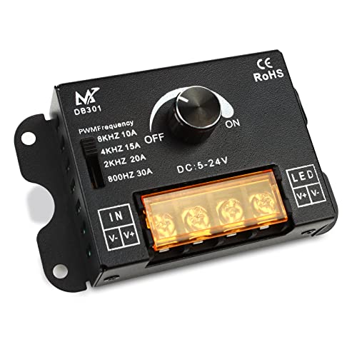 RGBZONE Single Color LED Dimmer, DC 5V/12V/24V 30A PWM Dimming Controller, Frequency Adjustable, for Single Channel 5050 3538 5630 Light Strips, Metal Shell LED Dimmer-No Light Flicker - color: Single Color