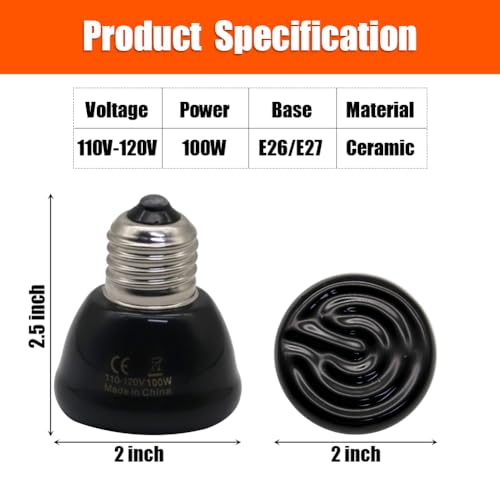 Mini Reptile Heat Lamp Bulb Ceramic Infrared Heat Emitter（4 Pack） E26/E27 Base, AC110V, for Pet Amphibian Snake, Turtle, Lizard, Chicken, Brooder Coop, No Light (100, Watts)