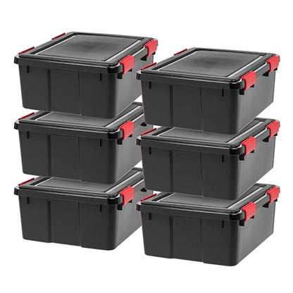 IRIS USA WeatherPro 31 Qt Storage Bins with Lids, 6 Pack, BPA-Free Plastic Gasket Box with Tight Latch and Seal, Stackable Nestable Tote Tub - Black/Red - size: 31 Qt. - 6 Pack