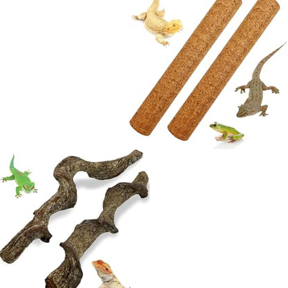 Reptile Climbing Branch with Cork Branch for Reptiles Climbing Branches 2 Pack Natural Tree Frog Cork Wood Stick Crested Geckos Habitat Decor