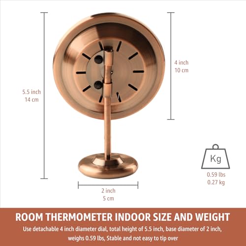 4-Inch Indoor Thermometer and Humidity Gauge, Room Analog Temperature and Humidity Monitor, Dual Scale Display, Brass Dial with Stand, Battery-Free for House, Home, Desk, Bedroom, Garage, RV