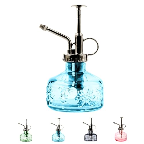 XXXFLOWER Glass Plant Mister Spray Bottle for Indoor Plant Spritzer Succulent Watering Bottle Tall Vintage Style with Bronze Plastic Top Pump - color: Blue