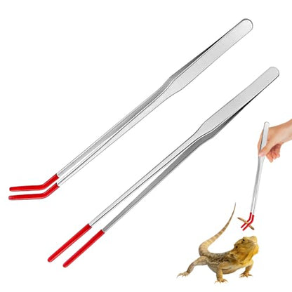 2PCS Stainless Steel Feeding Tongs, Long Handle Straight & Curved Tweezers with Soft Silicone Tips for Reptile Gecko Aquarium Plant Terrarium - color: Silver And Red Vinyl Tip