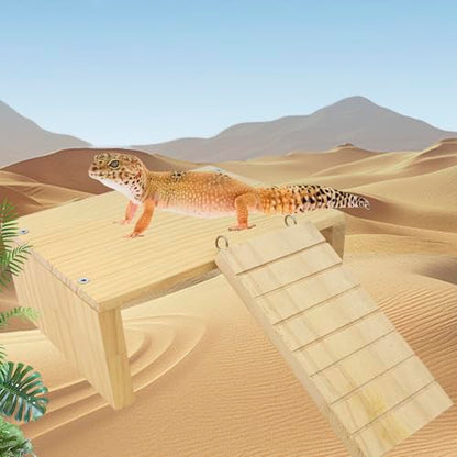 FlidRunest Reptiles Hide, Bearded Dragon Hide Cave with Ladder, Gecko Basking Platform for Tank, Wooden Accessories for Bearded Dragon Lizard Geckos Hamster
