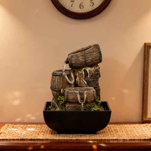 Vintage Indoor Tabletop Waterfall Fountain with Resin Antique Wooden Bucket & Warm Light, Zen Water Feature for Home Office Desk Decor - color: Style 1