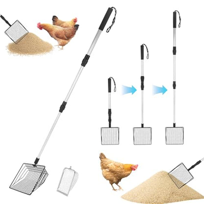3 PCS Chicken Poop Scooper,Stretchable Coop Scoop for Rudak Chicken,Detachable Stainless Steel Cat Litter Scoop with Mesh Replacement Head,Long Handle Cat Poop Scooper Sand Sifting Shovel