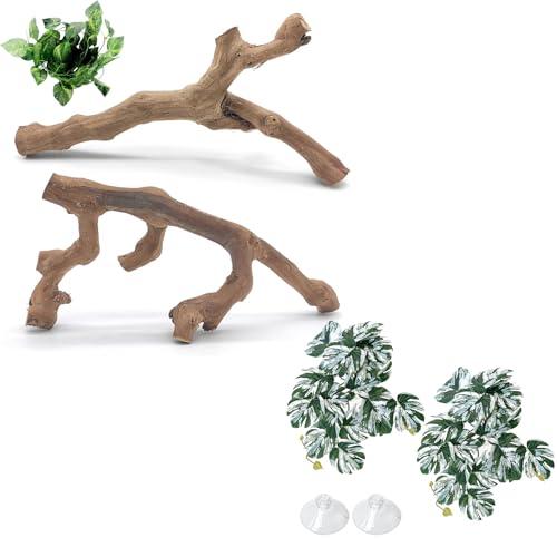 VCEPJH Snake Climbing Branch, 2Pcs Reptile Wood Natural Cork Log and 2 Pcs Reptile Plants with Suction Cup Amphibian Habitat Decor Artificial Leaves for Bearded Dragon, Lizard, Snake