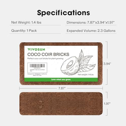VIVOSUN Coco Coir Brick, 1.4lbs 100% Natural Organic Compressed Coconut Coir Fiber with Low EC, PH Balance & High Nutrition, Coconut Fiber Substrate, Coconut Soil for Plants