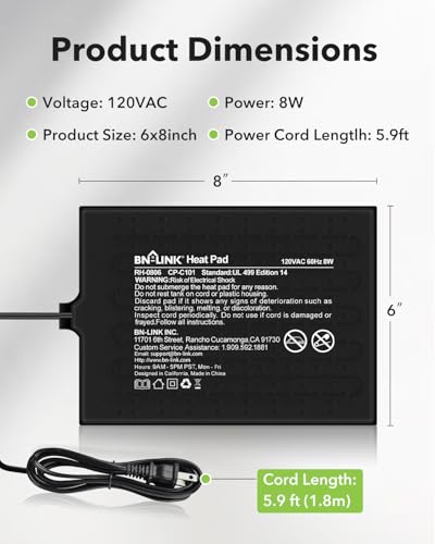 BN-LINK Reptile Heat Pad 6"X8" 8W for 10-20gal Under Tank Terrarium Heating Mat Waterproof for Turtle, Lizard, Frogs, Snake, Hermit Crab - size: 6" X 8"