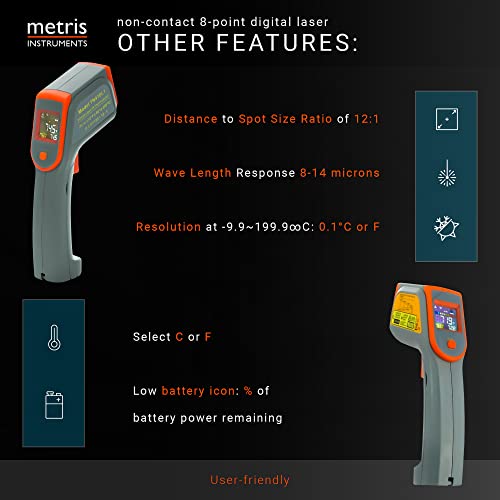 Digital Infrared Thermometer Gun Laser Temperature Gauge for Cooking, Grill, Pizza Oven, HVAC Tools, 8-Point, 76o to 932o F [-60o to 500o C] 12:1 D:S Ratio, Model TN418L1