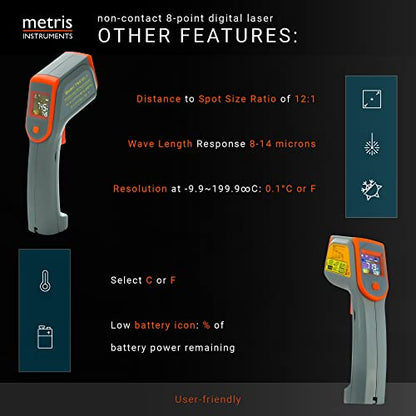 Digital Infrared Thermometer Gun Laser Temperature Gauge for Cooking, Grill, Pizza Oven, HVAC Tools, 8-Point, 76o to 932o F [-60o to 500o C] 12:1 D:S Ratio, Model TN418L1